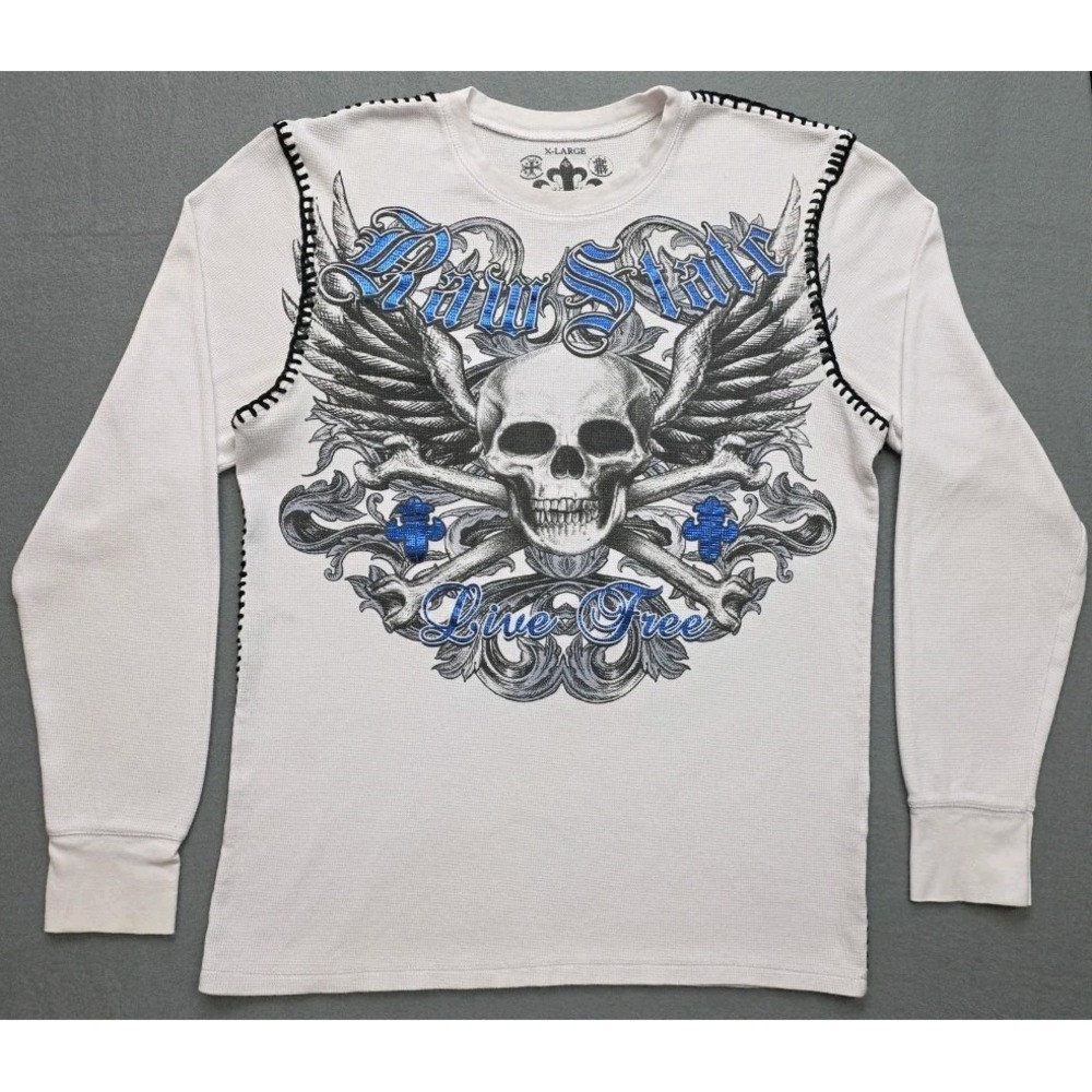 Raw State Live Free Mens XL Longsleeve Pullover White Skull Crossbones Grunge